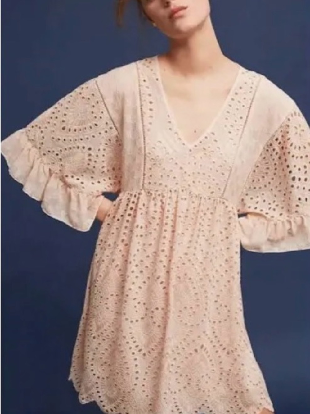 Akema + Kin Anthropologie Eyelet V-Neck Babydoll Mini Dress in Blush - Picture 2 of 4